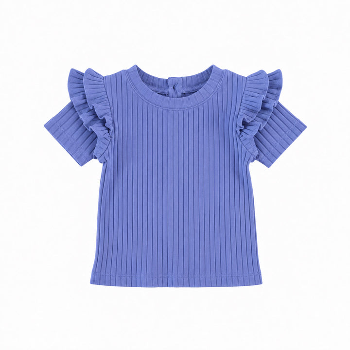 PREORDER short sleeve double ruffle shoulder top | periwinkle | organic cotton wide rib