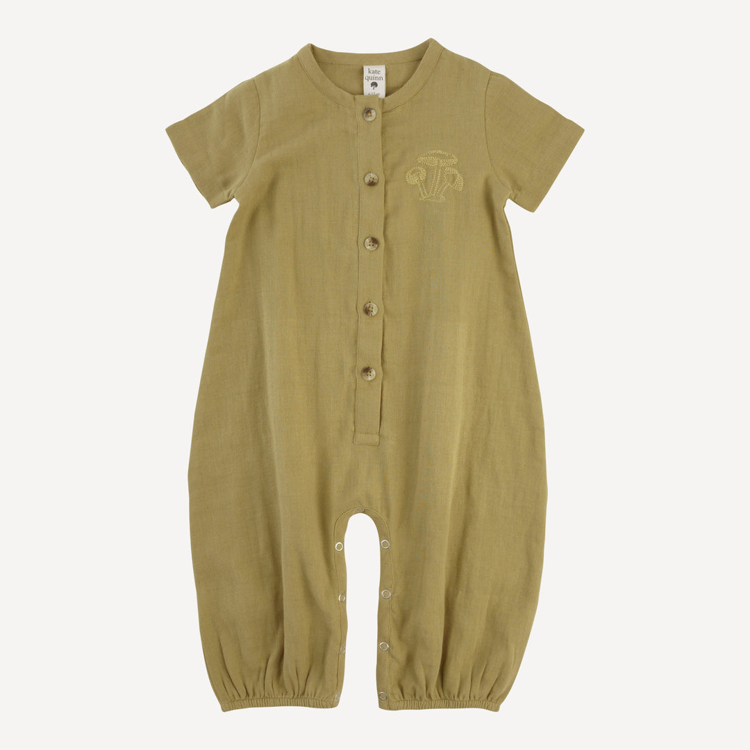 short sleeve embroidered button bubble jumpsuit | deep flaxen | organic cotton gauze