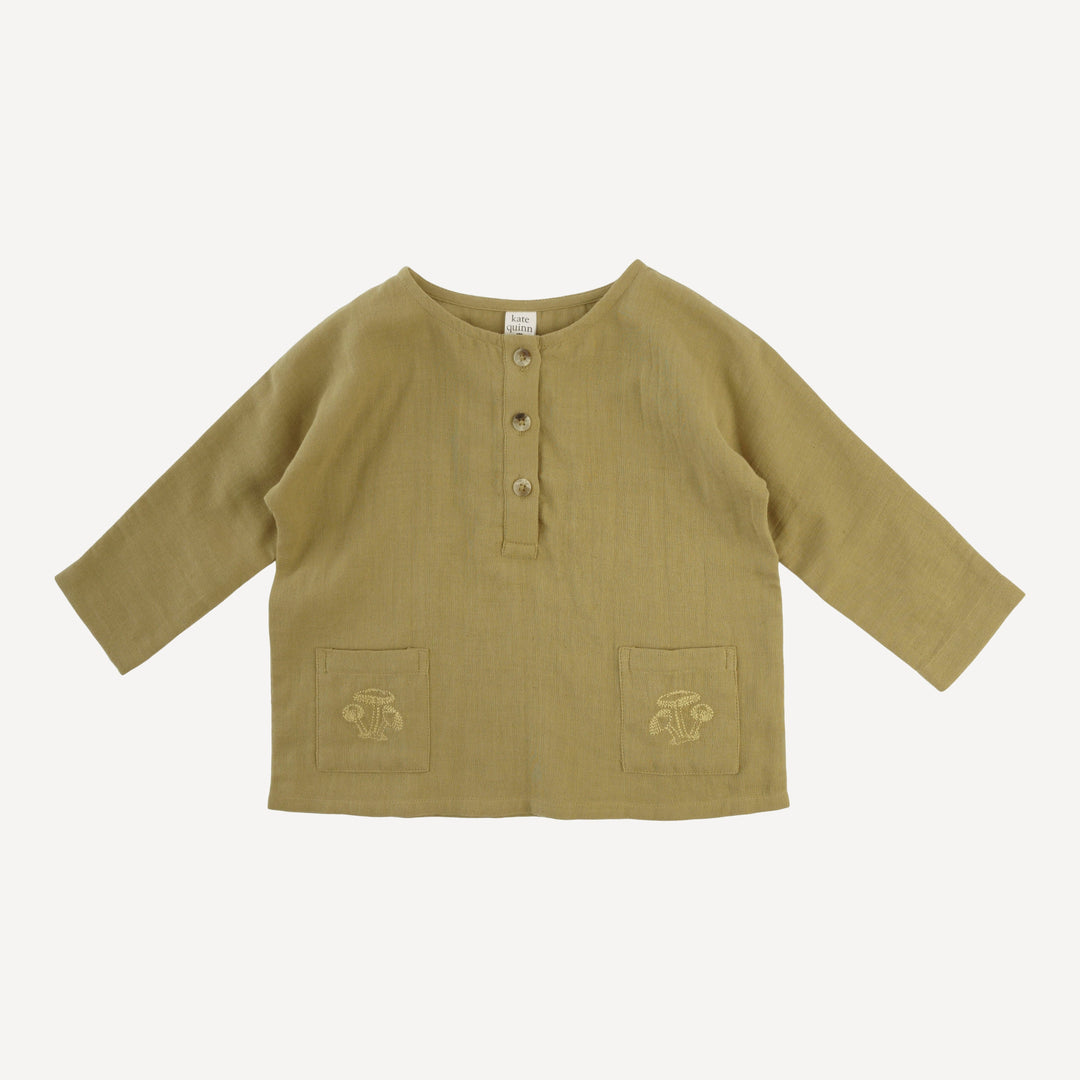 long sleeve embroidered oversized henley pocket tee | deep flaxen | organic cotton gauze