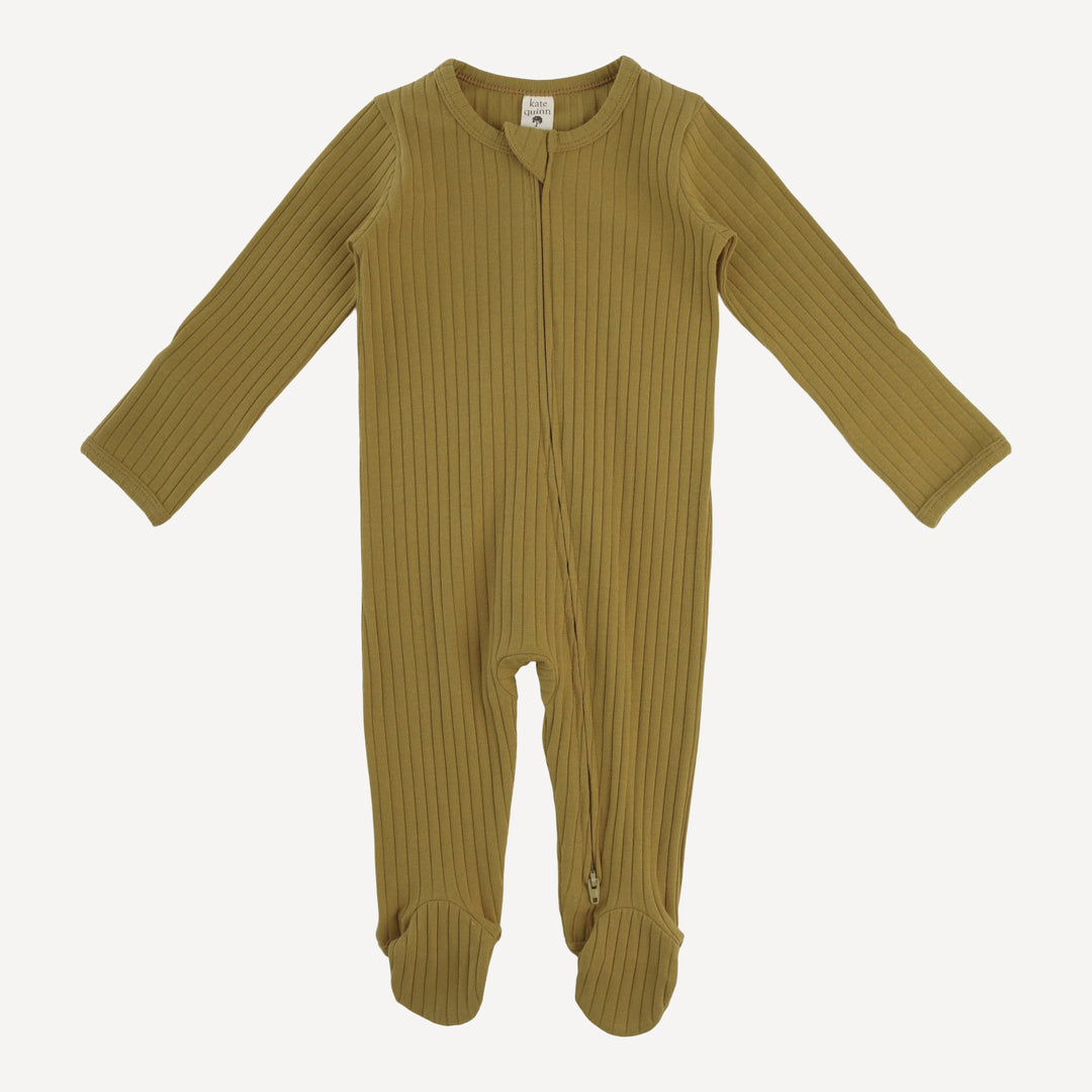 long sleeve two way zipper footie | deep flaxen | organic cotton wide rib