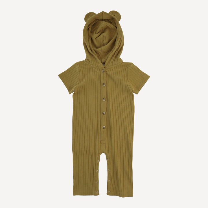 short sleeve relaxed bear button union jumpsuit | deep flaxen | organic cotton wide rib