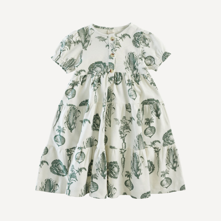 short puff sleeve prairie dress | deep green veggies | organic cotton interlock