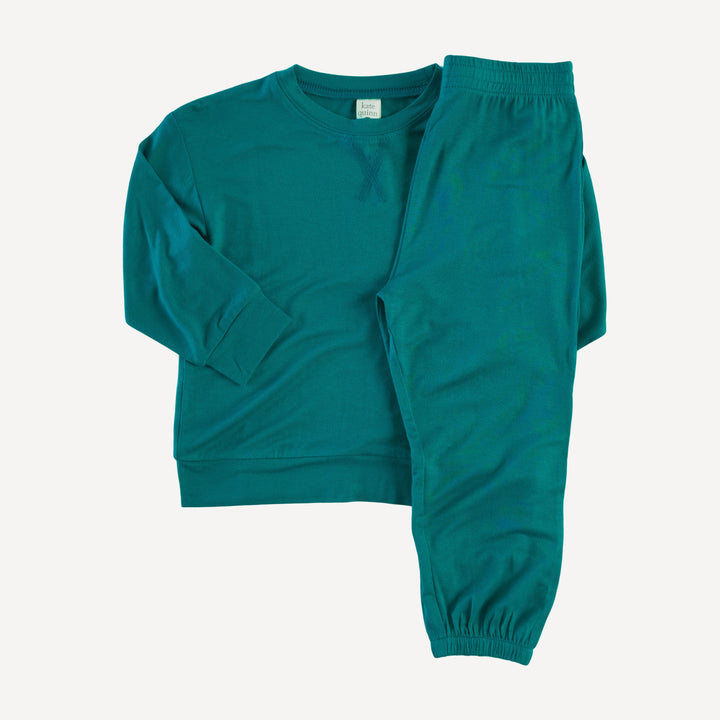 long sleeve boxy topstitch tee and relaxed jogger set | deep sea teal | lenzing modal