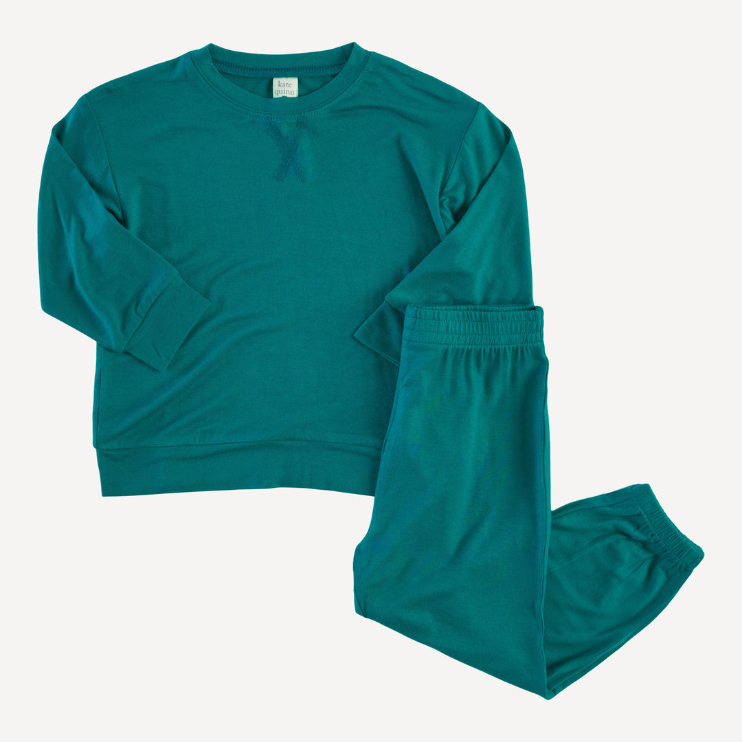 long sleeve boxy topstitch tee and relaxed jogger set | deep sea teal | lenzing modal