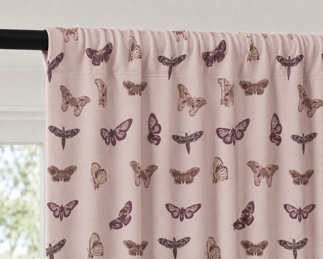 PREORDER pole pocket window panel set of 2 | purple moths | organic cotton interlock