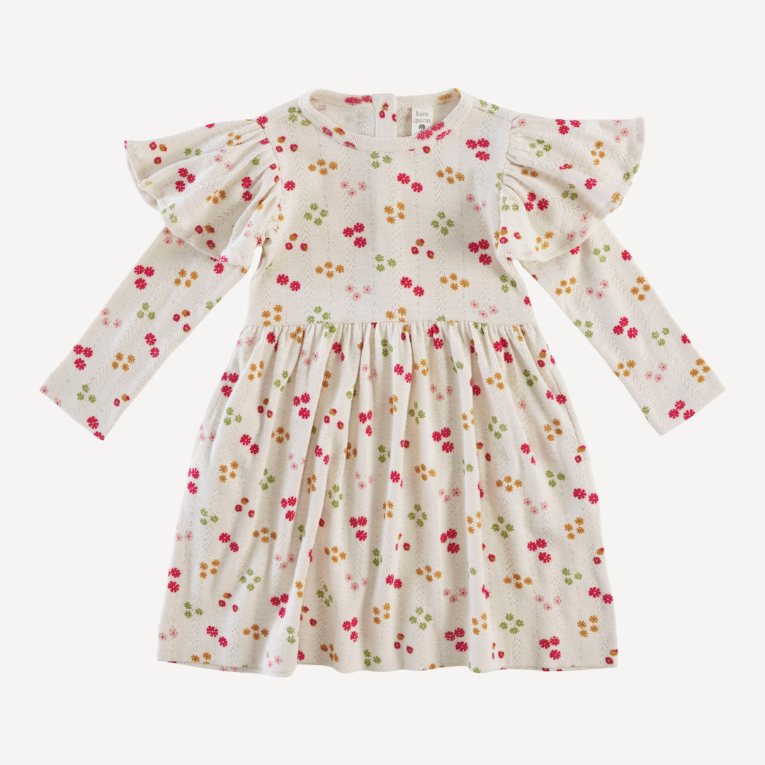 long sleeve flutter sleeve dress | ditsy oatmeal flower | organic cotton pointelle