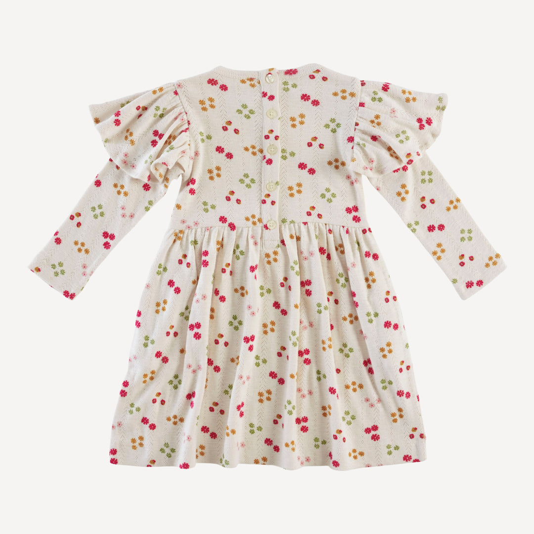 long sleeve flutter sleeve dress | ditsy oatmeal flower | organic cotton pointelle