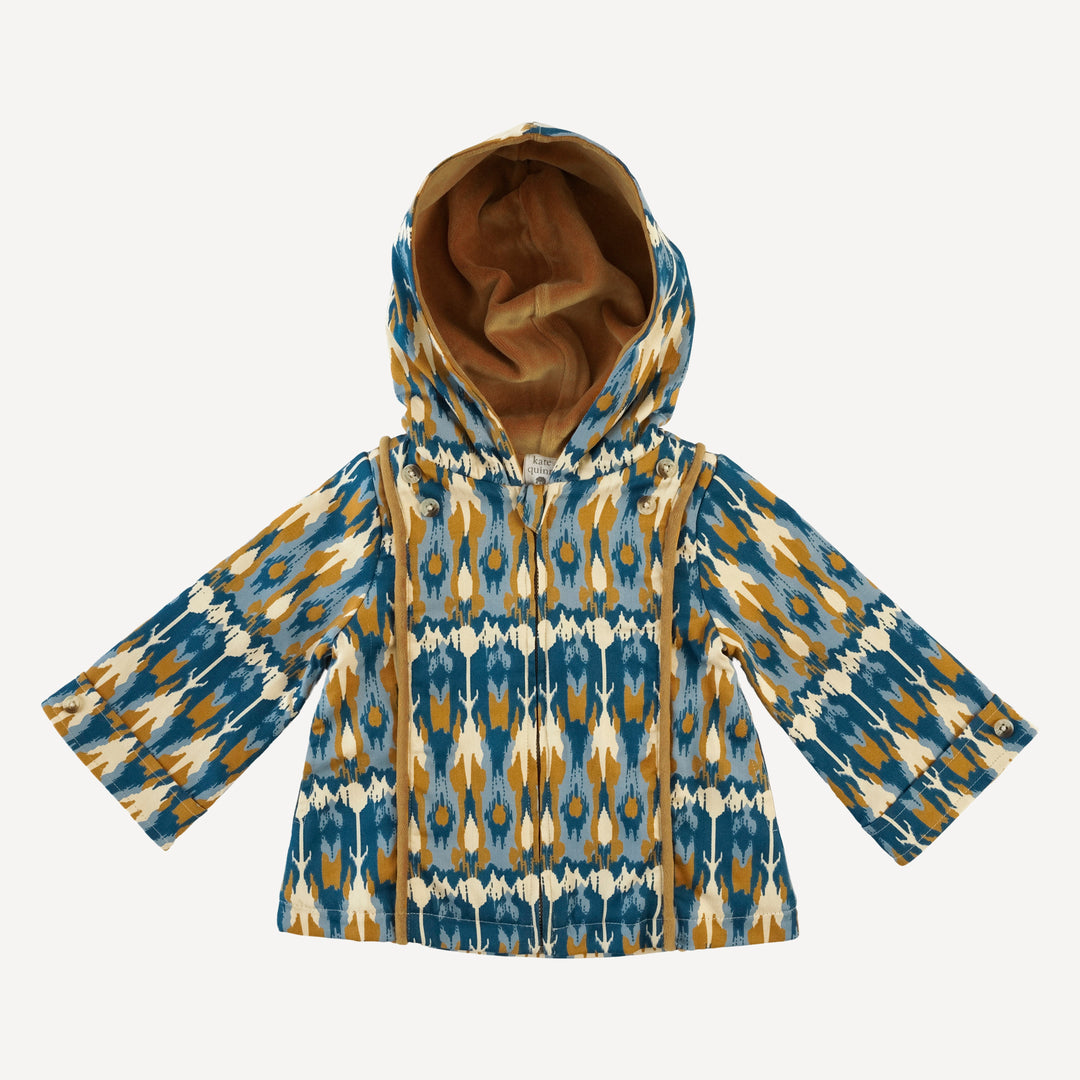 hooded princess a-line cardigan | blue ikat | organic cotton sateen woven