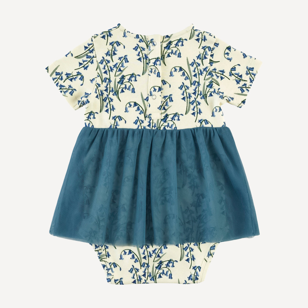 short sleeve ruched tulle skirted bodysuit | bluebells | organic cotton interlock