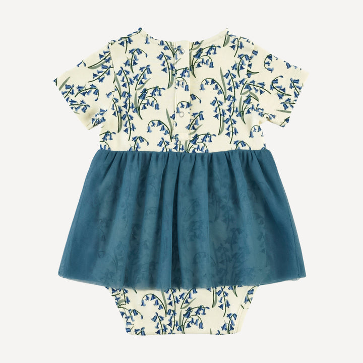 short sleeve ruched tulle skirted bodysuit | bluebells | organic cotton interlock