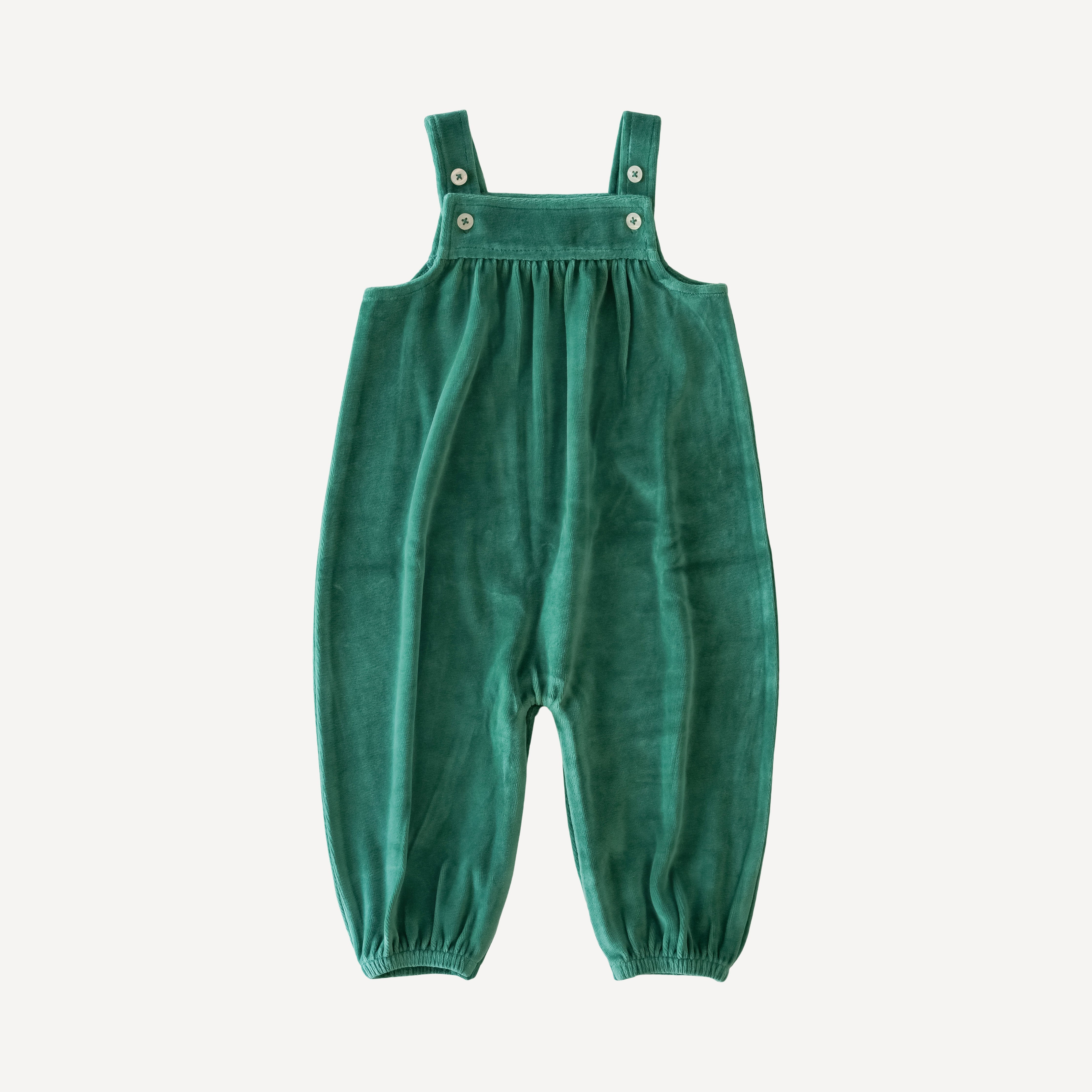 gathered overall jumpsuit | mountain pine velour | organic cotton velour