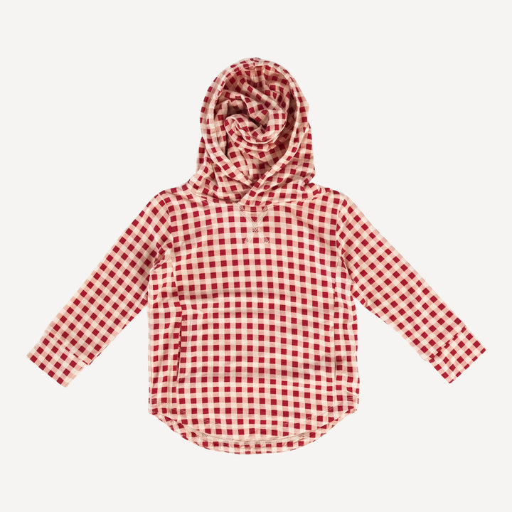 long sleeve boxy top stitch shirt tail hoodie | ruby gingham | bamboo