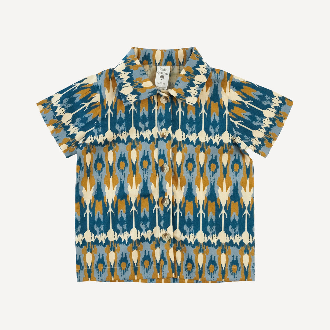 short sleeve button down shirt | blue ikat | organic cotton sateen woven
