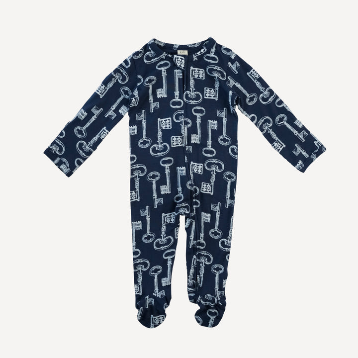 long sleeve two way zipper footie | blue vintage keys | bamboo