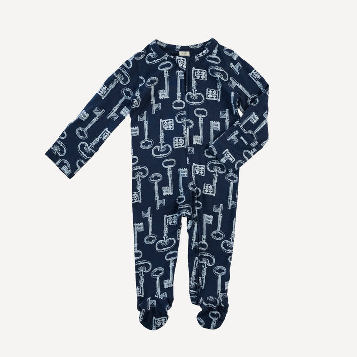 long sleeve two way zipper footie | blue vintage keys | bamboo