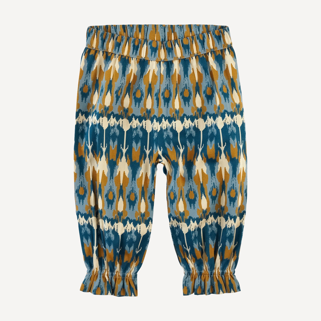 gathered pant | blue ikat | organic cotton sateen woven