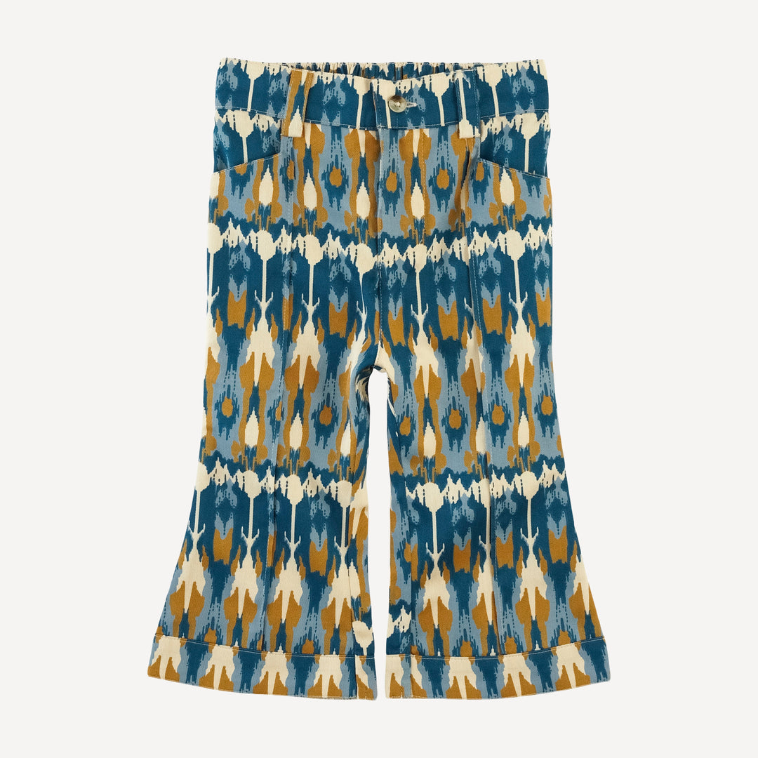 pintuck flare pant | blue ikat | organic cotton sateen woven