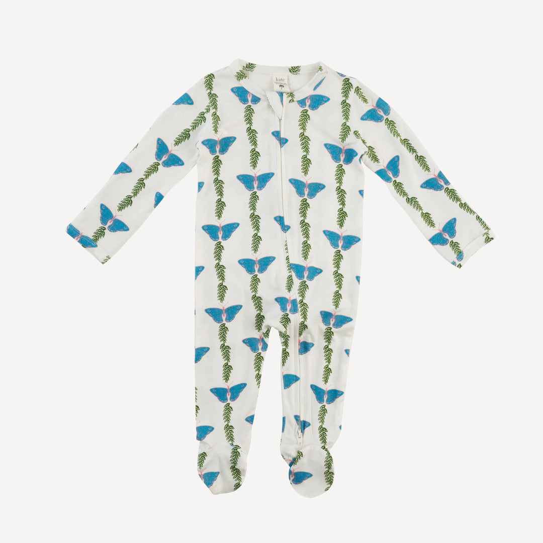 long sleeve two way zipper footie | blue-green butterfly vine | bamboo