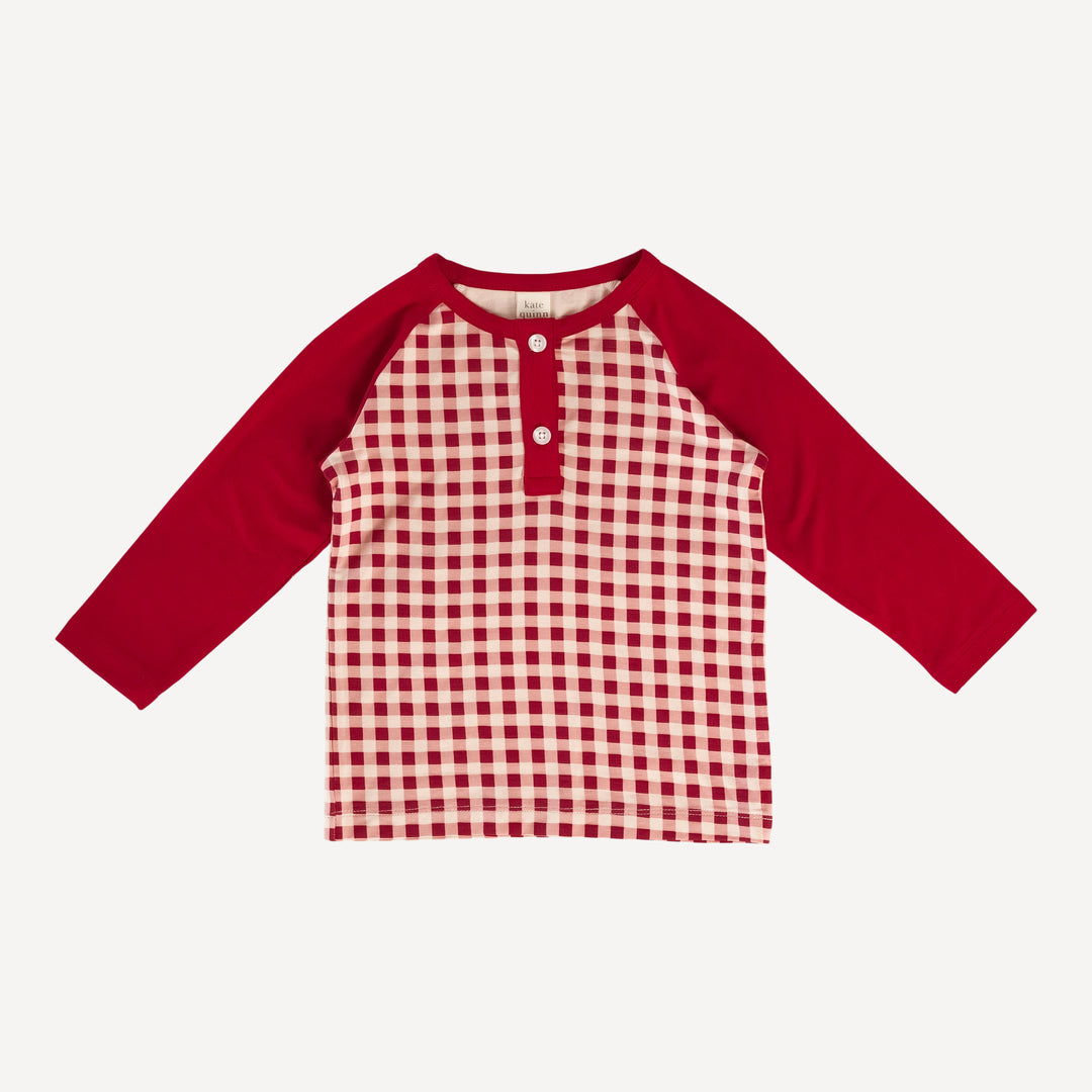 long sleeve baseball henley tee, ruby gingham