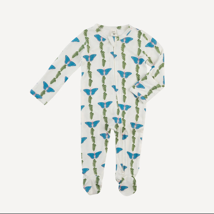 long sleeve two way zipper footie | blue-green butterfly vine | bamboo
