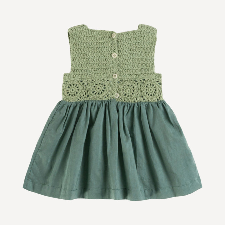 boatneck sleeveless crochet woven gathered dress | silver pine | organic cotton crochet