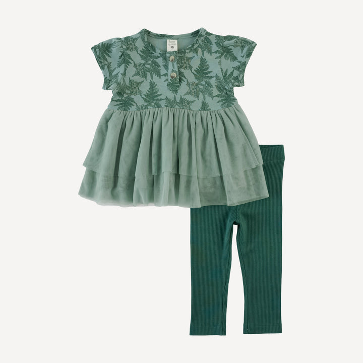 puff sleeve tulle top + legging set | fern floral | organic cotton interlock