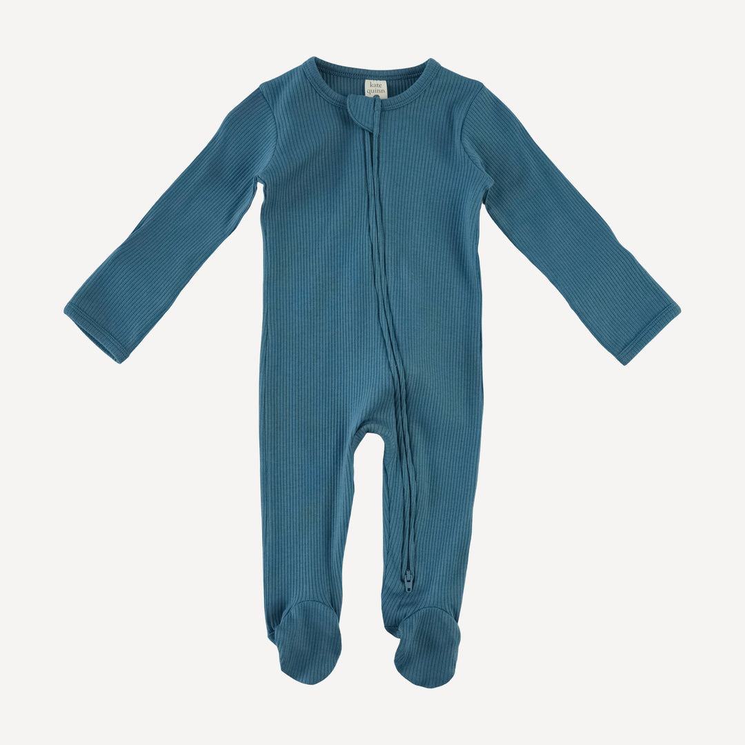 long sleeve two way zipper footie | stone blue | organic cotton single rib