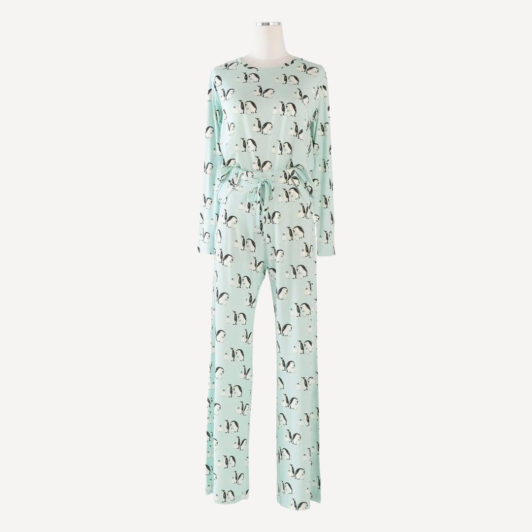 womens long sleeve crew neck pj set | penguin family | bamboo