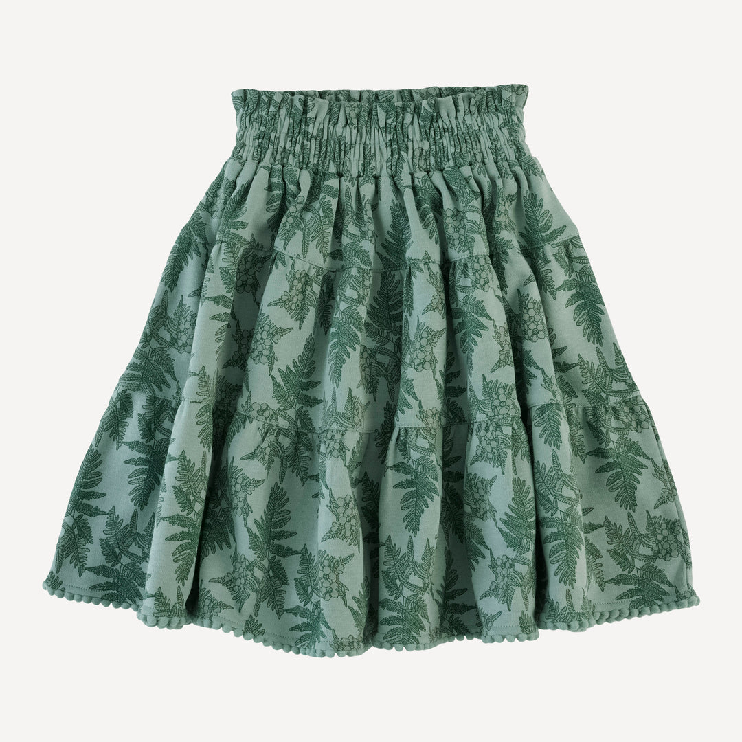 smocked tiered pom pom maxi skirt | fern floral | organic cotton interlock