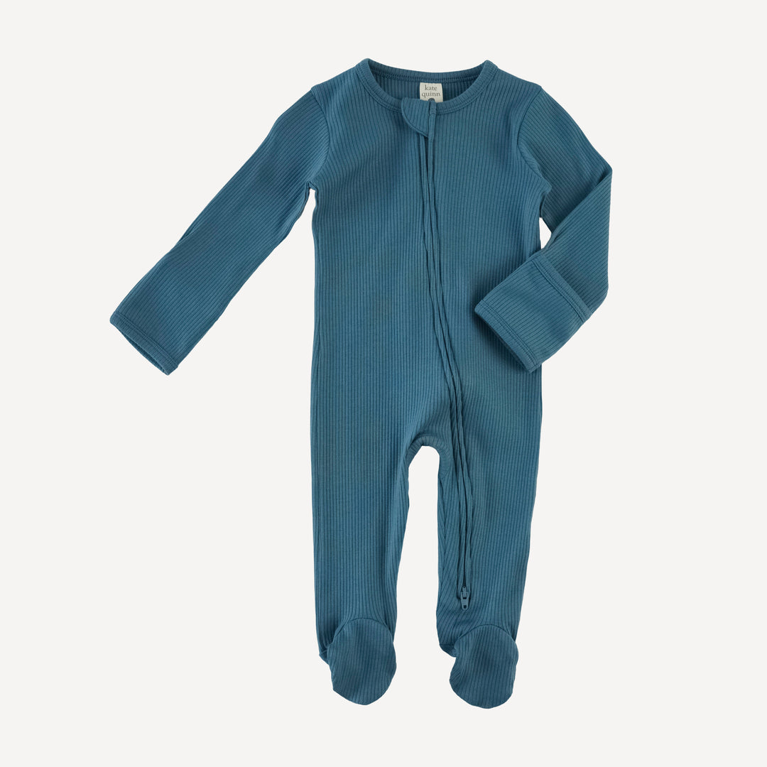 long sleeve two way zipper footie | stone blue | organic cotton single rib