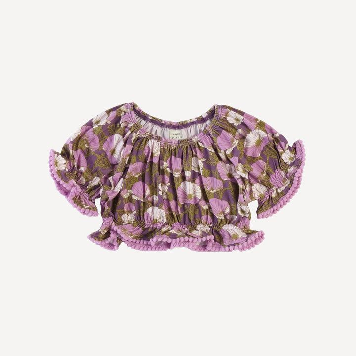 short sleeve pom pom bubble crop top | purple poppies | bamboo
