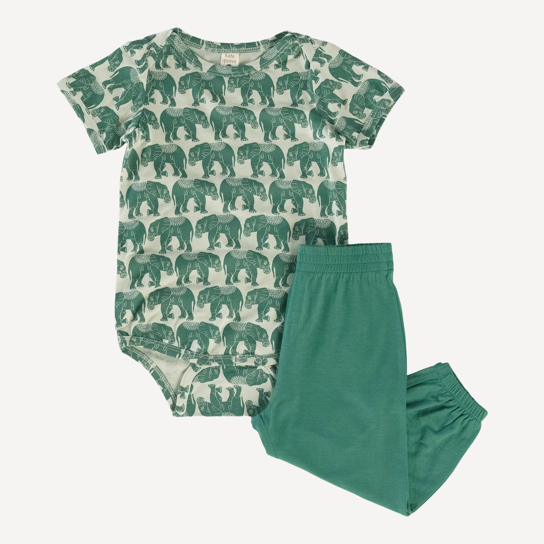short sleeve lap neck bodysuit + relaxed jogger set | green elephant lotus | lenzing modal