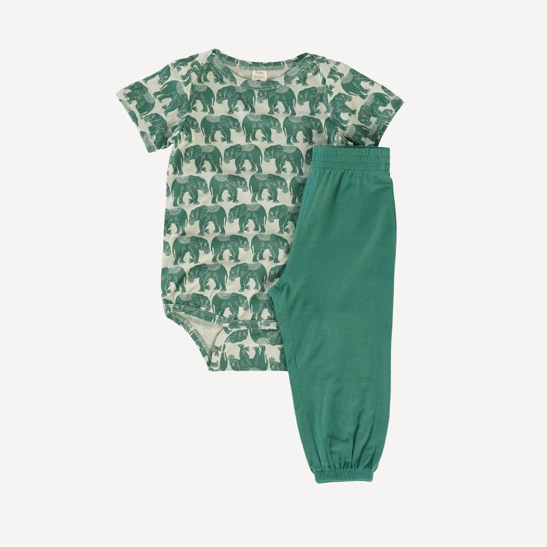 short sleeve lap neck bodysuit + relaxed jogger set | green elephant lotus | lenzing modal