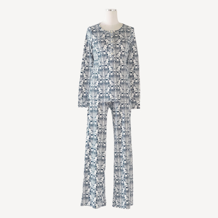 womens long sleeve button henley pj set | menorah | organic cotton interlock