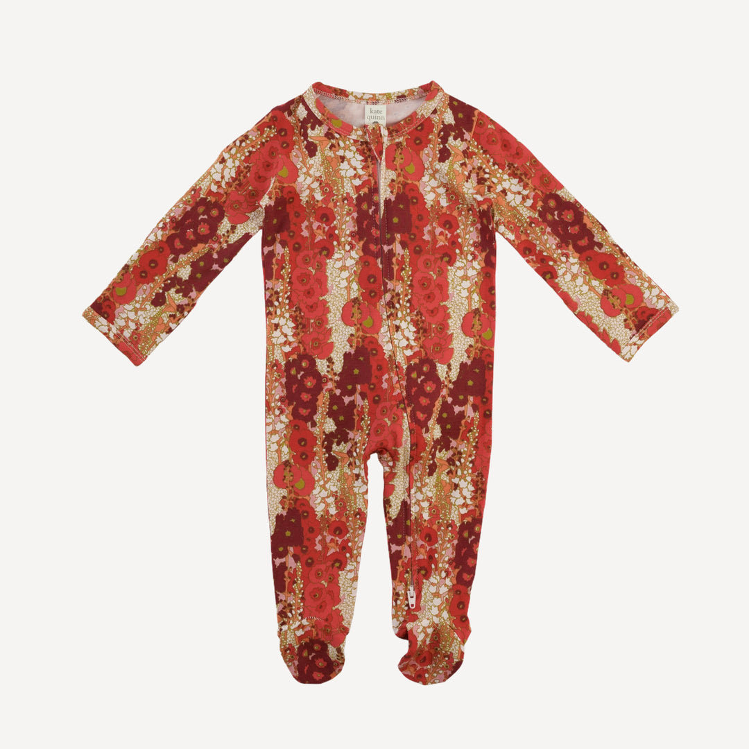 long sleeve two way zipper footie | red hollyhocks | bamboo