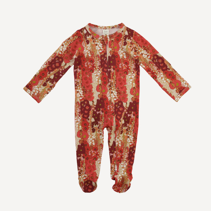 long sleeve two way zipper footie | red hollyhocks | bamboo