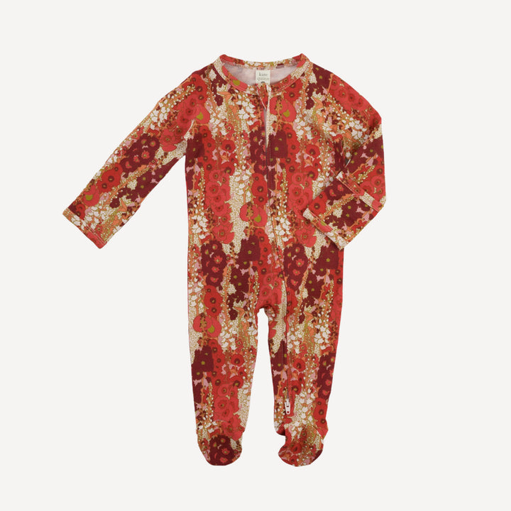 long sleeve two way zipper footie | red hollyhocks | bamboo