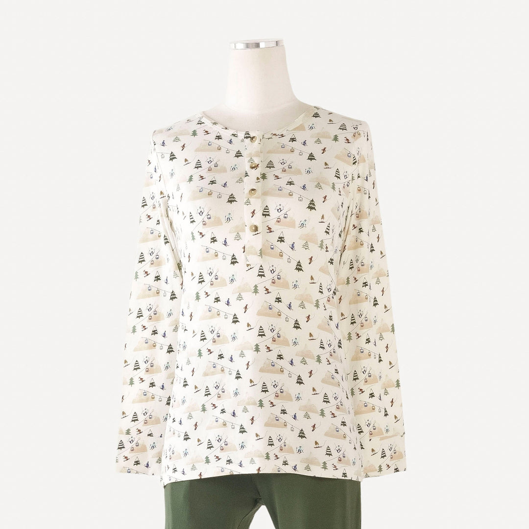 womens long sleeve button henley tee | ski village | bamboo