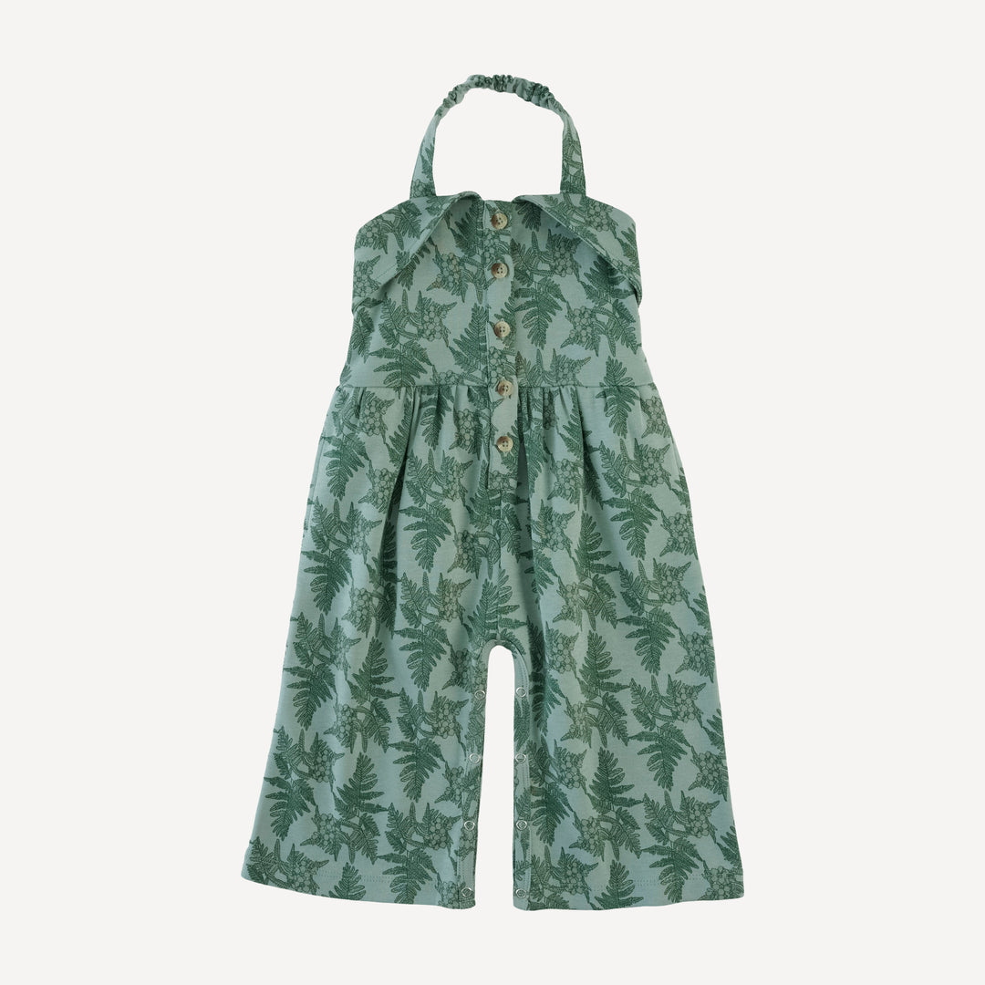 folded collar halter gaucho jumpsuit | fern floral | organic cotton interlock