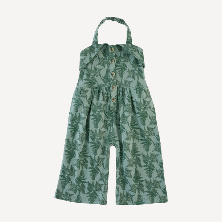 folded collar halter gaucho jumpsuit | fern floral | organic cotton interlock