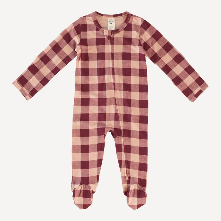 long sleeve two way zipper footie | merlot gingham | bamboo