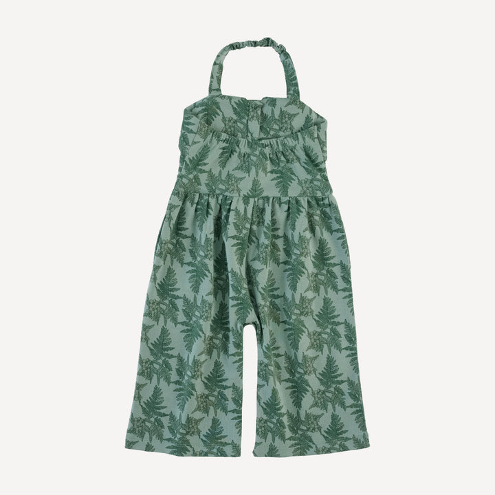 folded collar halter gaucho jumpsuit | fern floral | organic cotton interlock