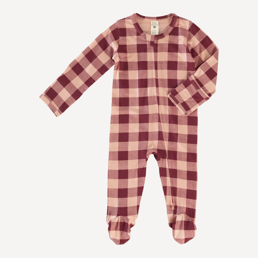 long sleeve two way zipper footie | merlot gingham | bamboo