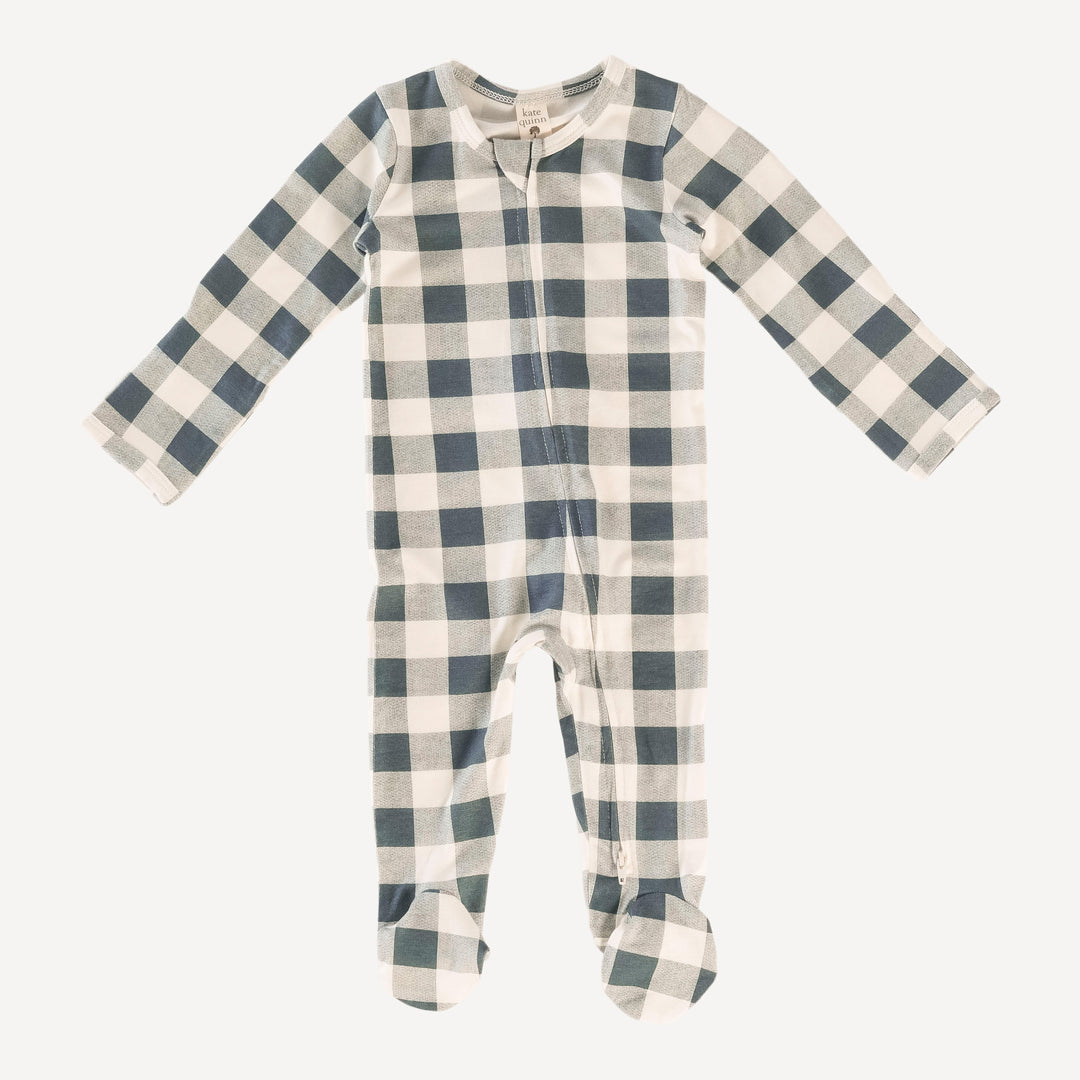 long sleeve two way zipper footie | slate blue gingham | bamboo