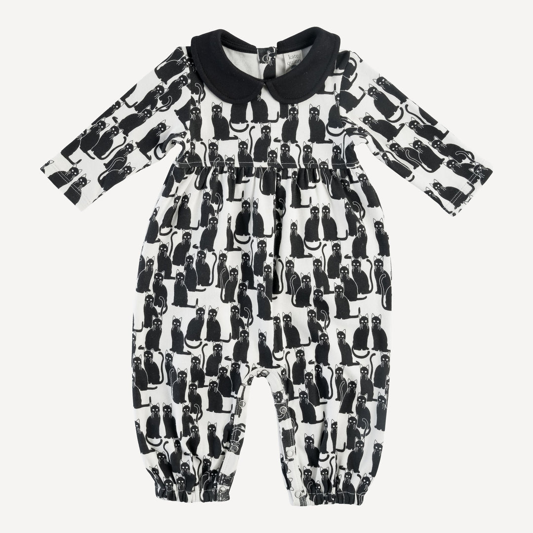 long sleeve peter pan jumpsuit | black cats | organic cotton interlock