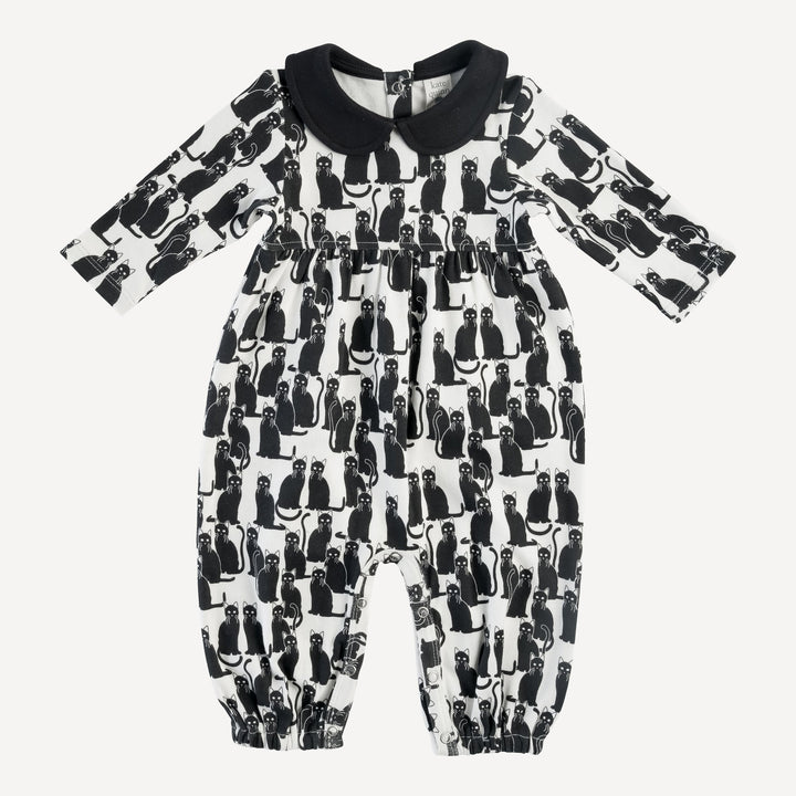 long sleeve peter pan jumpsuit | black cats | organic cotton interlock