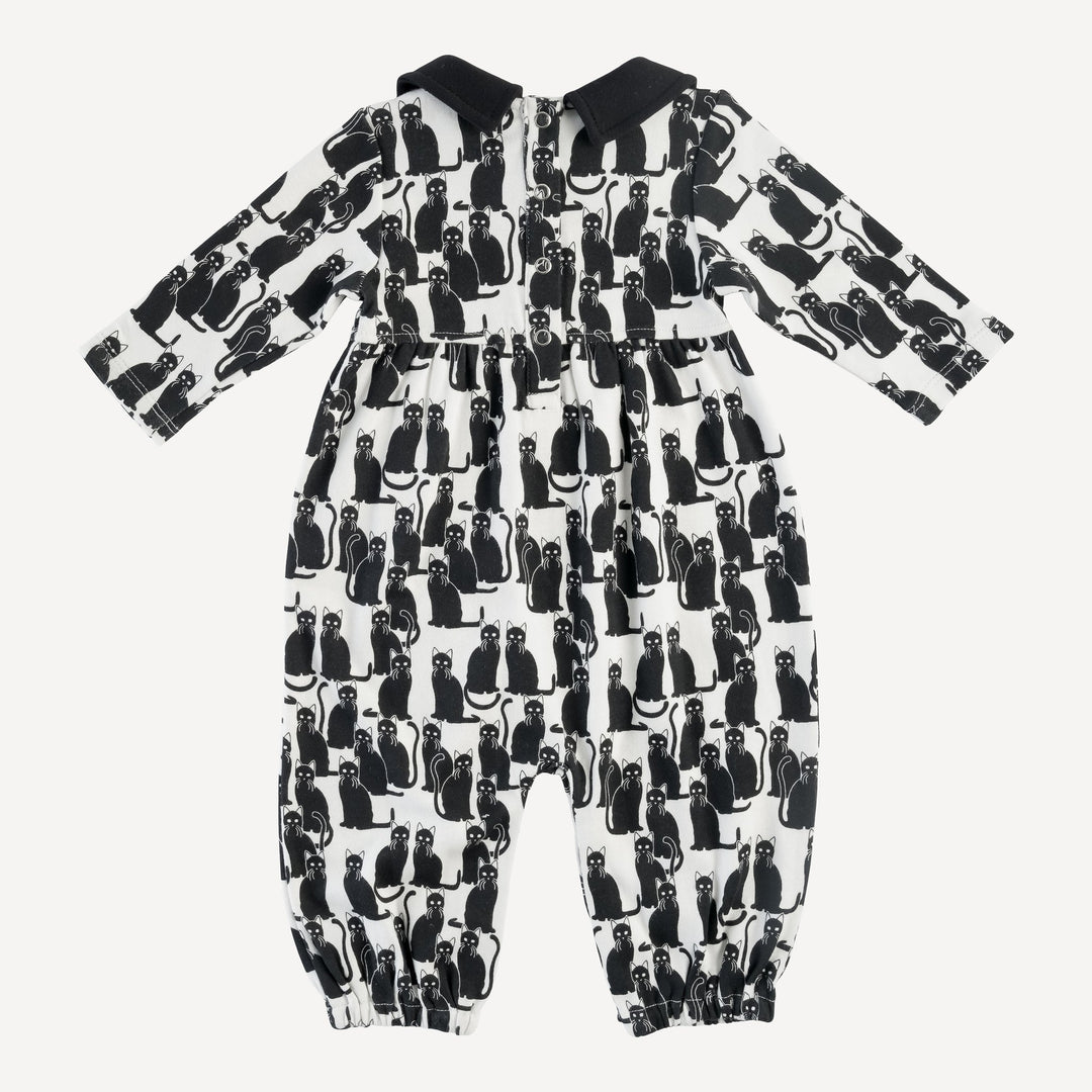 long sleeve peter pan jumpsuit | black cats | organic cotton interlock