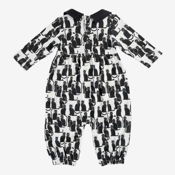 long sleeve peter pan jumpsuit | black cats | organic cotton interlock