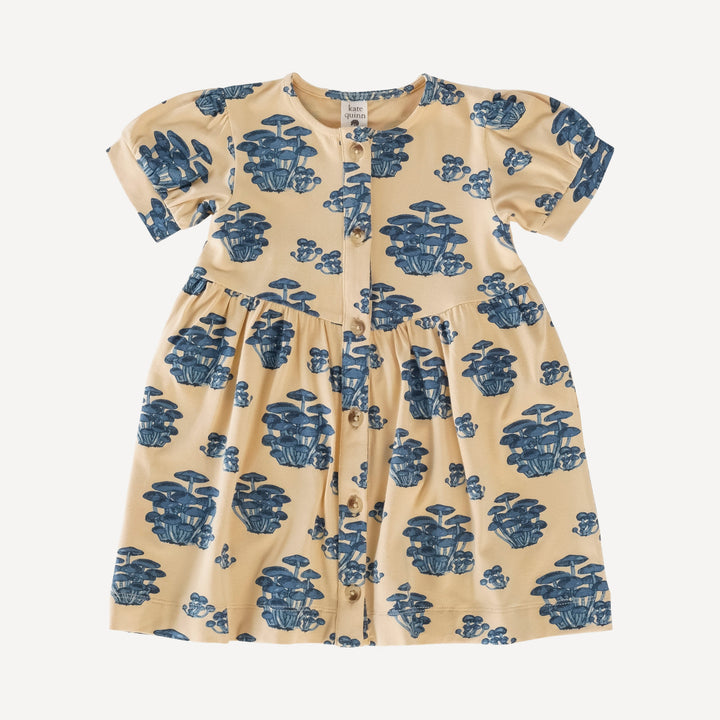 short sleeve button front v-waist dress | blue mushrooms | bamboo