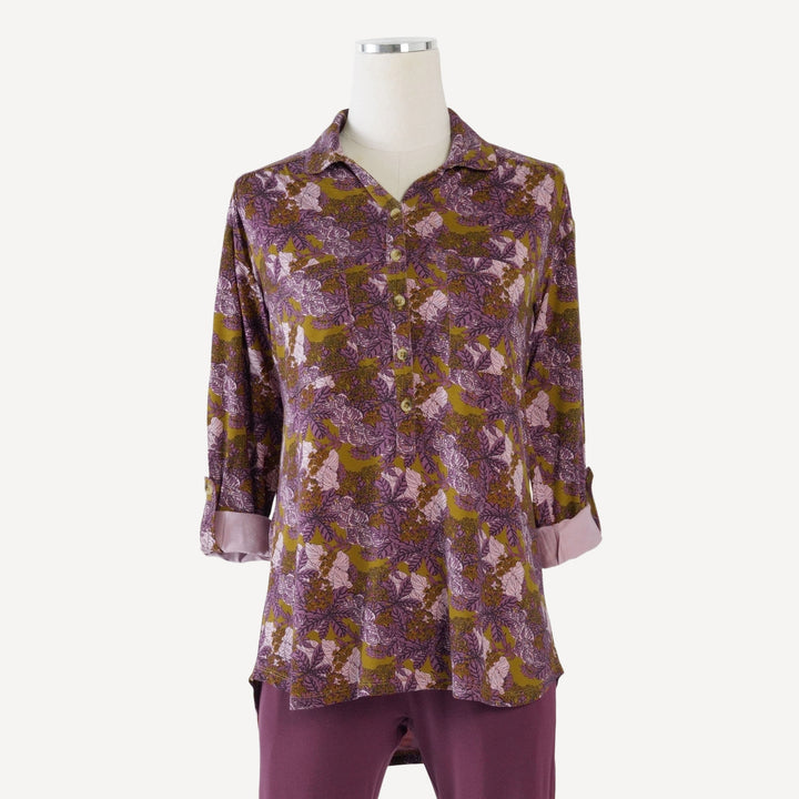 womens long sleeve gathered pocket henley top | purple goldilocks floral | bamboo